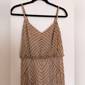Adrianna Papell ART DECO BEADED BLOUSON GOWN IN TAUPE PINK. Worn once.